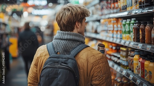 A man wearing a backpack and a yellow jacket is shopping in a store