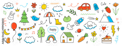 Cute kid background line flower, heart, rainbow icon. Hand drawn doodle sketch baby element set. Flower, heart, cloud children draw style design element background. Vector illustration