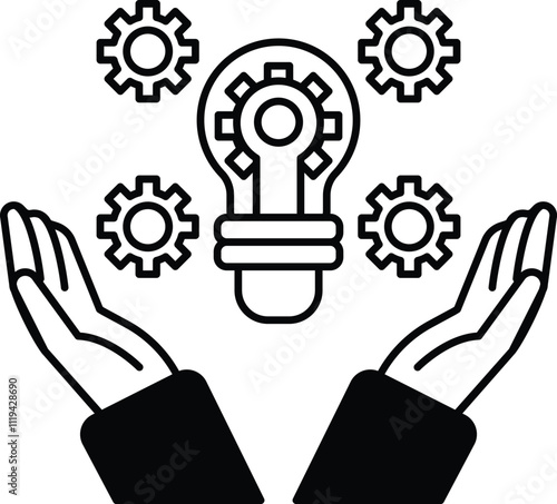 A hand is holding a light bulb with a bunch of gears around it