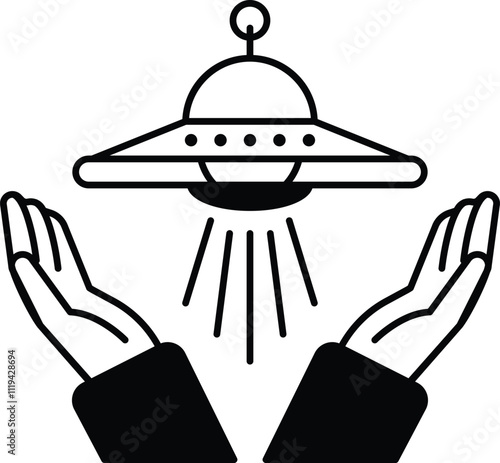 A cartoon drawing of two hands holding up a spaceship