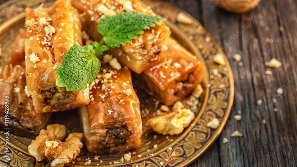 Traditional arabic dessert Baklava with honey and walnuts. Traditional arabic dessert Baklava with honey and walnuts.
