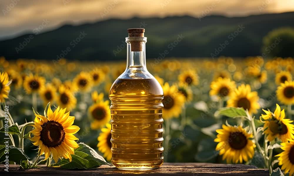 Sunflower oil in a field of sunflowers. Sunflower oil in a field of sunflowers.