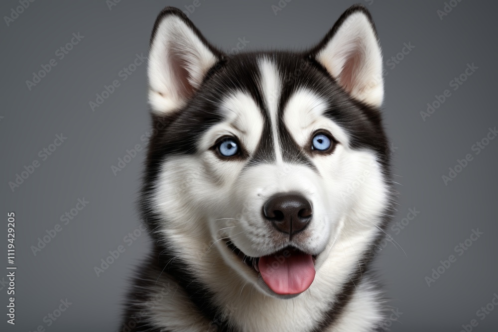 arafed husky dog with blue eyes and a smile on a gray background