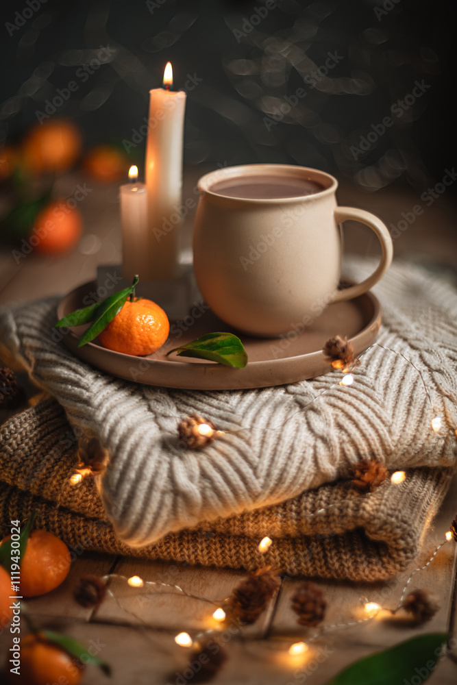 Christmas hot chocolate with tangerines and burning candles on a stack of knitted sweaters creates a cozy winter atmosphere with warm bokeh lights, Mocha Mousse Christmas hot chocolate with tangerines and burning candles on a stack of knitted sweaters creates a cozy winter atmosphere with warm bokeh lights, Mocha Mousse