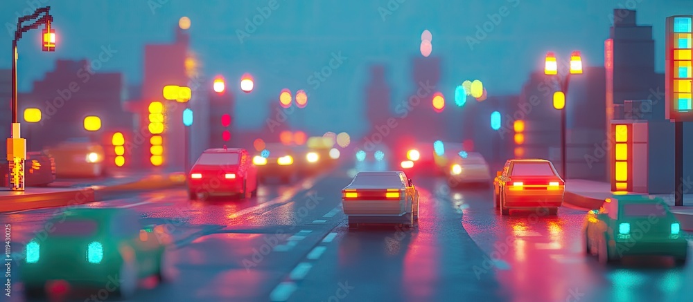 Low-poly city street scene at night with cars and rain. Low-poly city street scene at night with cars and rain.