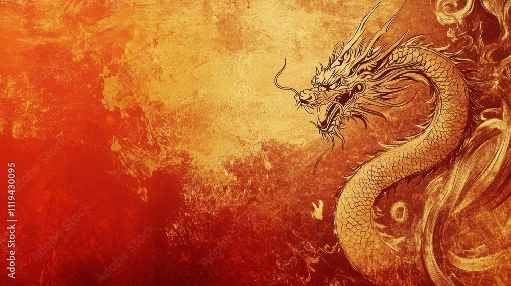 Intricate golden dragon on a rich red and gold background, representing abundance and good luck. Intricate golden dragon on a rich red and gold background, representing abundance and good luck.