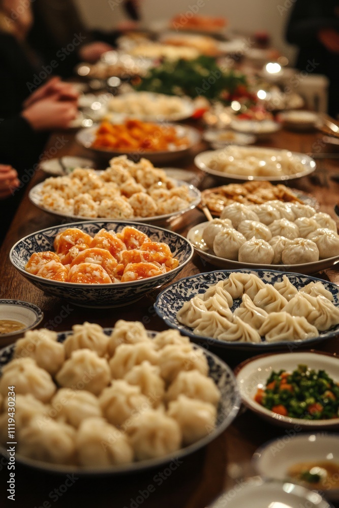 A Lunar New Year banquet with dishes like dumplings, fish, and sticky rice cakes. The table is filled with family A Lunar New Year banquet with dishes like dumplings, fish, and sticky rice cakes. The table is filled with family