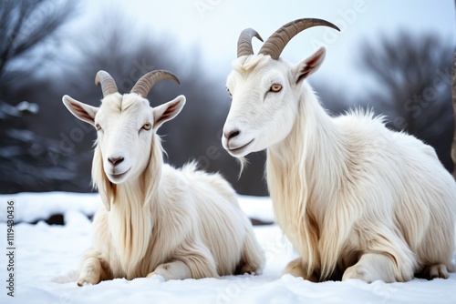 goats with long horns sitting in the snow in a field