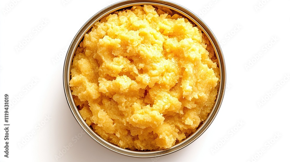 Top view of yellow-cooked wet maize in an open tin can, isolated on white Top view of yellow-cooked wet maize in an open tin can, isolated on white