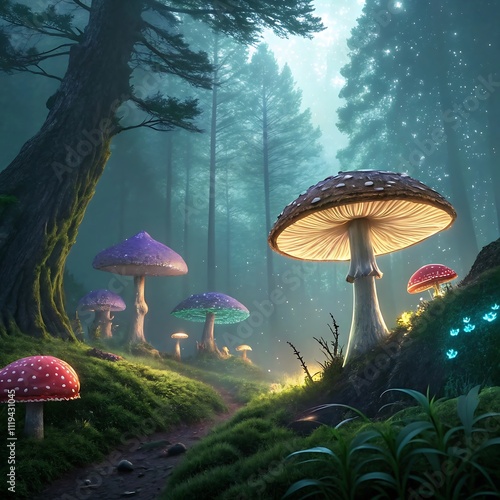 A magical forest scene bathed in soft, glowing light, featuring vibrant red mushrooms with white spots surrounded by lush greenery. Gentle fireflies hover in the misty air, and a hanging lantern illum photo