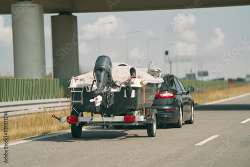 Car towing boat trailer on open highway. photo