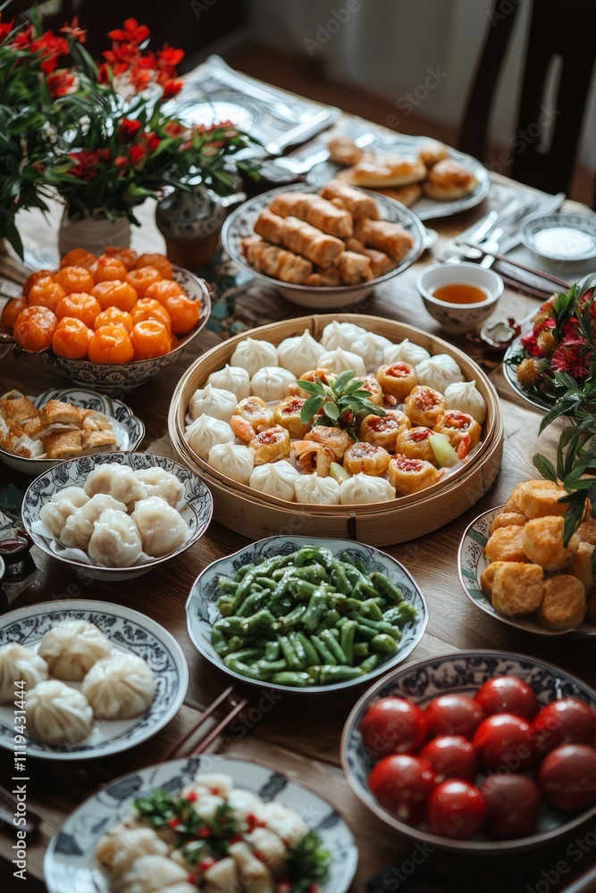 A Lunar New Year banquet with dishes like dumplings, fish, and sticky rice cakes. The table is filled with family A Lunar New Year banquet with dishes like dumplings, fish, and sticky rice cakes. The table is filled with family