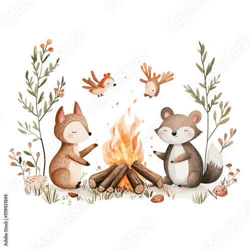 Cozy Campfire Critters: Two adorable woodland animals, a fox and a raccoon, enjoy a warm campfire with cheerful birds overhead. Watercolor illustration perfect for children's books, prints, and more.