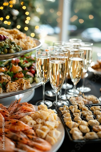 A New Year's Eve buffet with an assortment of appetizers, seafood, and champagne. Guests are mingling and toasting