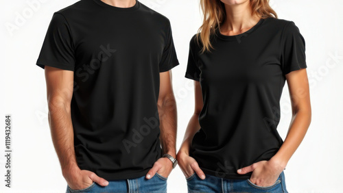 Men and women in a studio style t-shirt mockup, wearing a plain black t-shirt and blue jeans, highlighting their light skin tones and casual attire.