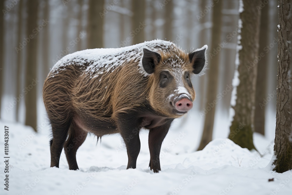 there is a small boar standing in the snow in the woods there is a small boar standing in the snow in the woods