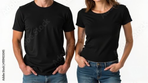 Men and women in a studio style t-shirt mockup, wearing a plain black t-shirt and blue jeans, highlighting their light skin tones and casual attire.