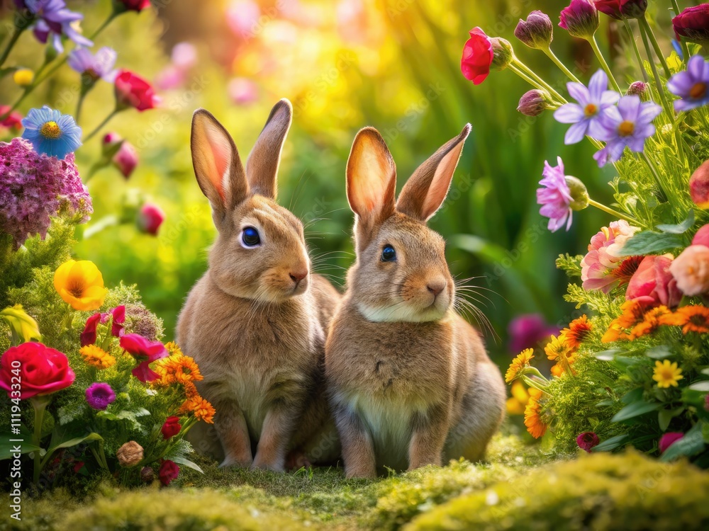 Curious Rabbits in Lush Garden - Springtime Meadow Bunnies Exploring Flowers Curious Rabbits in Lush Garden - Springtime Meadow Bunnies Exploring Flowers