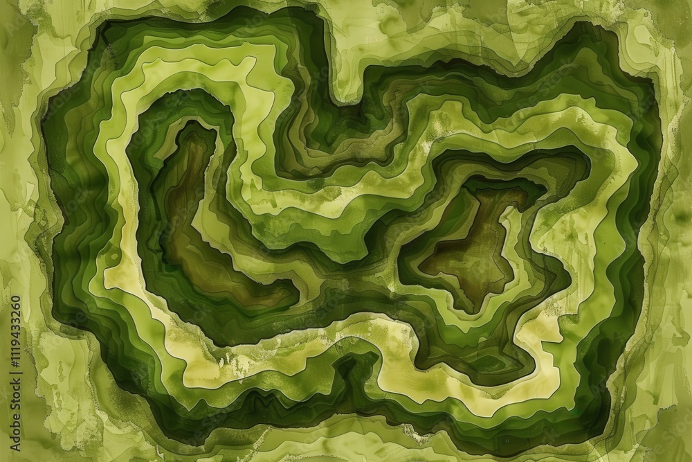 A green painting of a mountain range with a winding path A green painting of a mountain range with a winding path