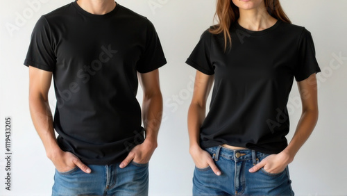 Men and women in a studio style t-shirt mockup, wearing a plain black t-shirt and blue jeans, highlighting their light skin tones and casual attire.