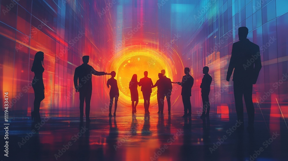 Silhouetted businesspeople gather before a glowing portal in a futuristic cityscape. Silhouetted businesspeople gather before a glowing portal in a futuristic cityscape.