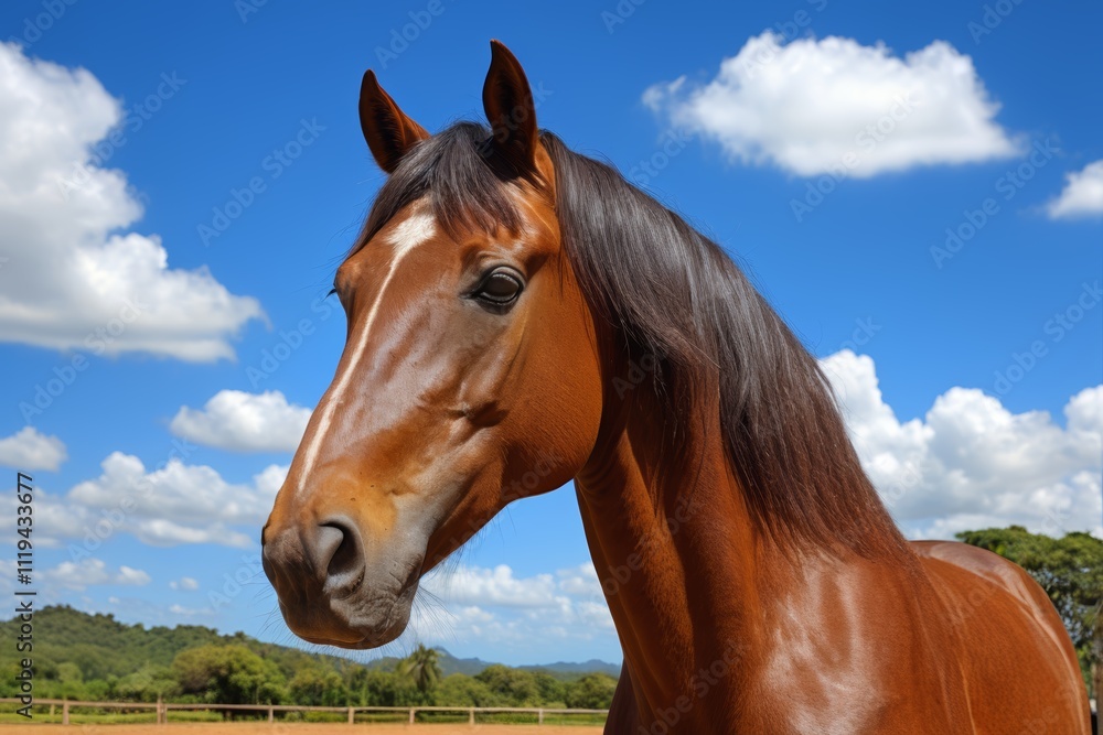 Obraz premium there is a brown horse standing in a field with a blue sky
