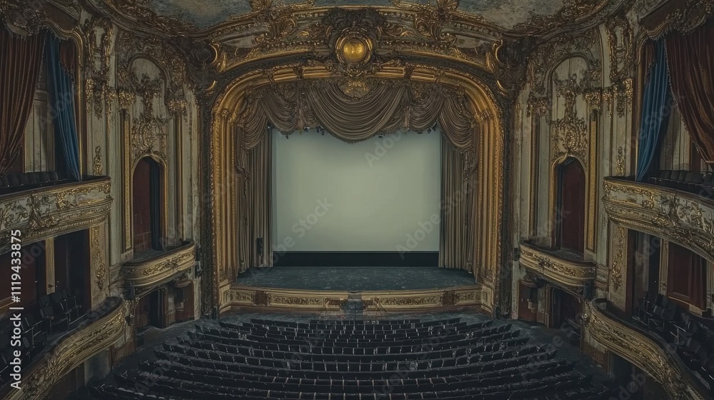 Fototapeta premium Large theater with a blank screen, ornate gold-trimmed curtains, and rows of empty classic seating.