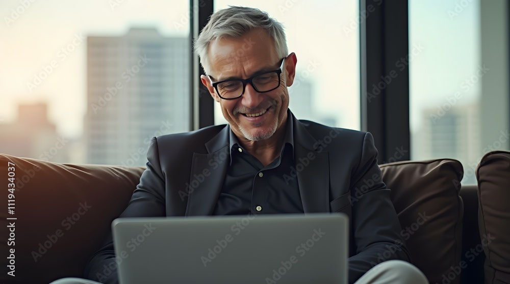 A joyful businessman, reviewing data on his laptop, sits comfortably on a couch, basking in the city's sunset glow. Success and contentment are evident. A joyful businessman, reviewing data on his laptop, sits comfortably on a couch, basking in the city's sunset glow. Success and contentment are evident.