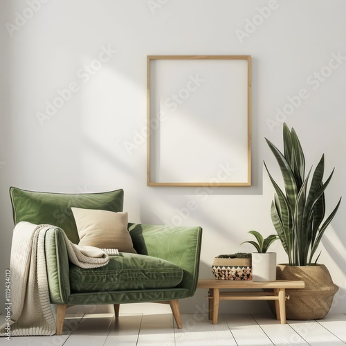 A green armchair with a throw blanket sits next to a wooden coffee table with a potted plant A framed picture hangs on a white wall in a modern living room