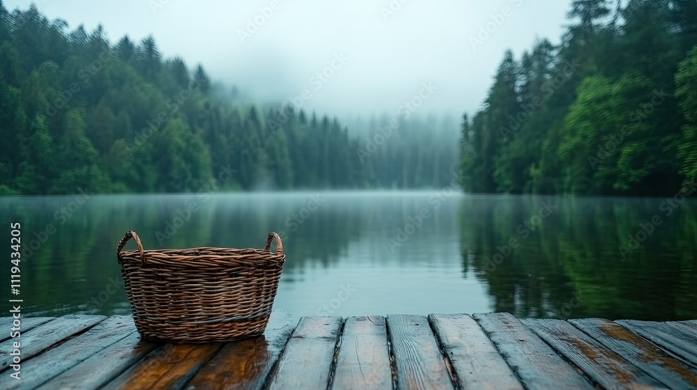 Wicker basket used for fishing gear, sitting on a wooden dock overlooking a calm lake with mist in the distance. Wicker basket used for fishing gear, sitting on a wooden dock overlooking a calm lake with mist in the distance.
