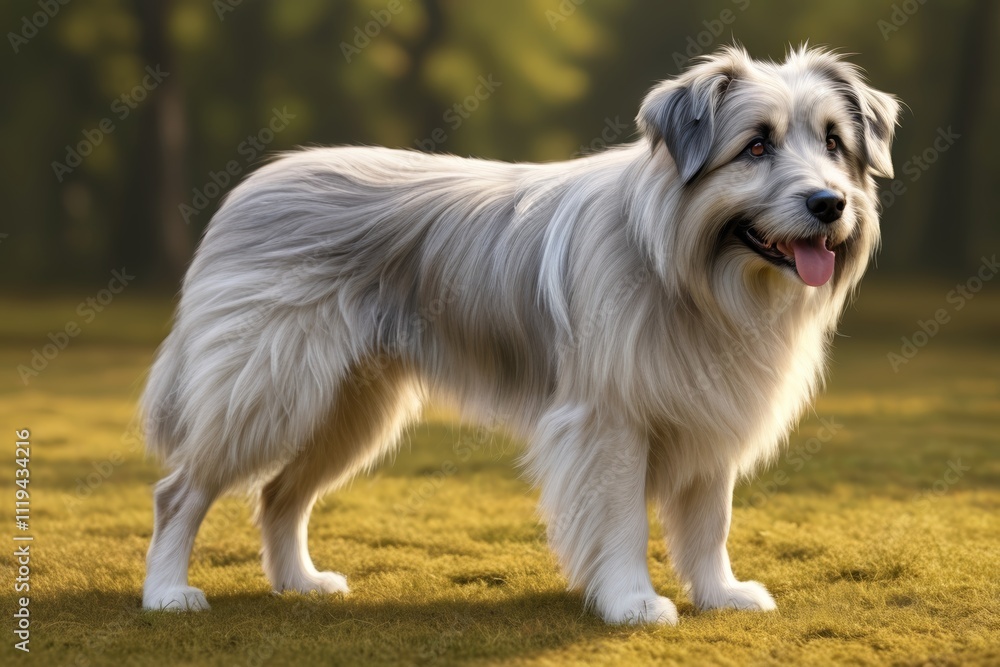 there is a dog that is standing in the grass with its tongue out there is a dog that is standing in the grass with its tongue out