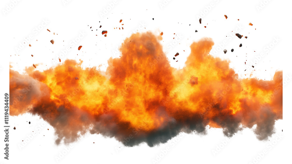 Explosion with fiery flames and smoke isolated on transparent background. Dramatic energy and destruction concept Explosion with fiery flames and smoke isolated on transparent background. Dramatic energy and destruction concept