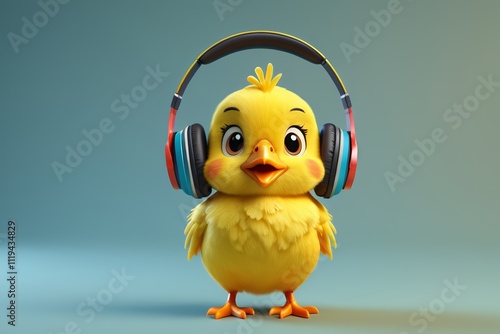 arafed yellow bird with headphones on and a blue background photo