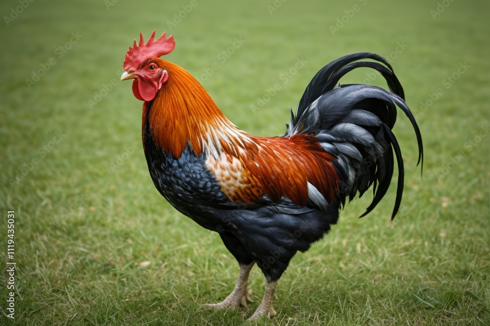 rooster standing on grass in open field with green background rooster standing on grass in open field with green background