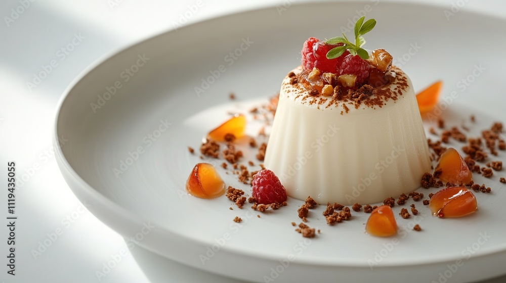 Elegant panna cotta dessert with berries, nuts on white plate Elegant panna cotta dessert with berries, nuts on white plate