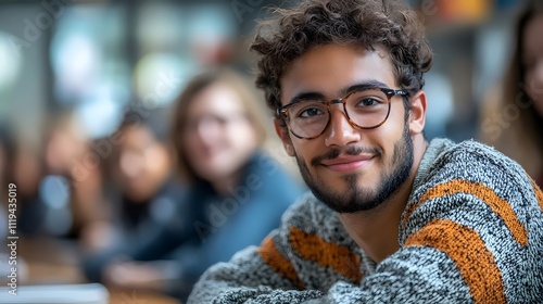A young man with glasses is smiling at the camera