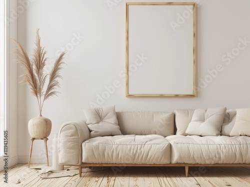 A modern living room interior with a large blank frame above a beige sofa with throw pillows There is a tall plant in a beige vase to the left of the frame and a wood floor