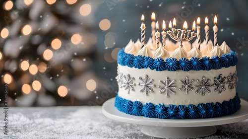 Celebrating hanukkah with a festive cake featuring blue and white frosting snowy background holiday dessert indoor close-up view joyful atmosphere photo