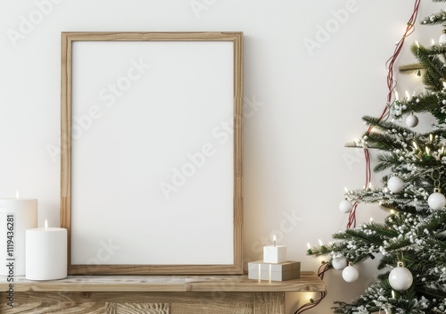 Blank frame mockup with Christmas decorations