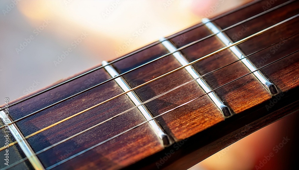 A detailed view of guitar frets and strings on the neck of an acoustic guitar. A detailed view of guitar frets and strings on the neck of an acoustic guitar.