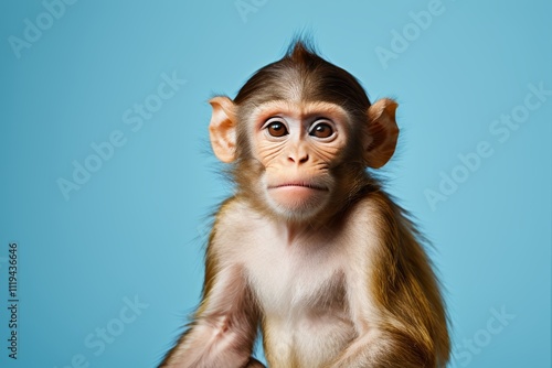 arafed monkey sitting on a table with a blue background