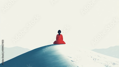 Woman in Red Dress Sits Atop a Snowy Hill