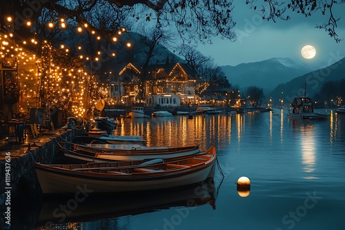 A Picturesque Waterfront Scene with Boats on Calm Water photo