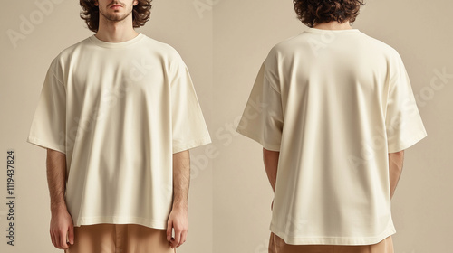mockup of a man wearing a beige oversized plain t-shirt, front and back isolated on a cream background, Ai generated images