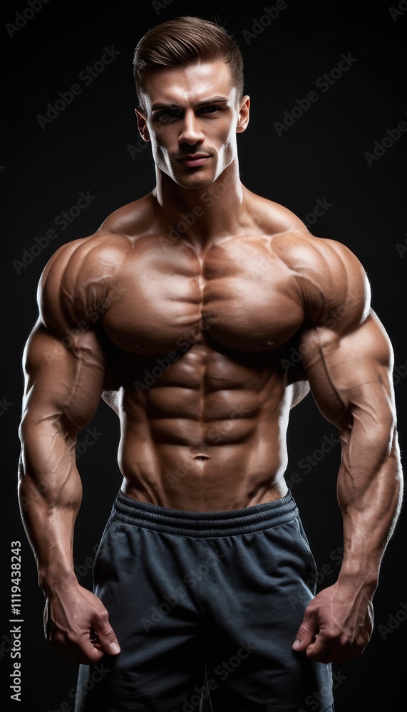 A Striking Portrait of a Highly Muscular Male Bodybuilder:  A Study in Strength, Fitness, and Dedication to Physical Excellence