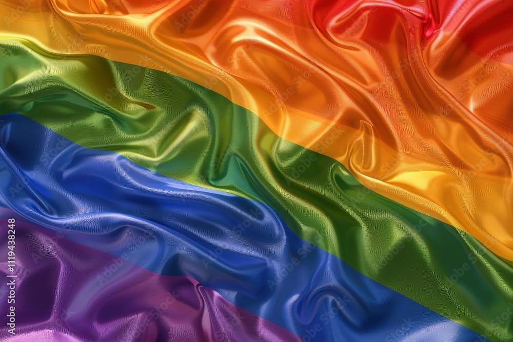 A rainbow flag is displayed on a shiny, silky fabric A rainbow flag is displayed on a shiny, silky fabric