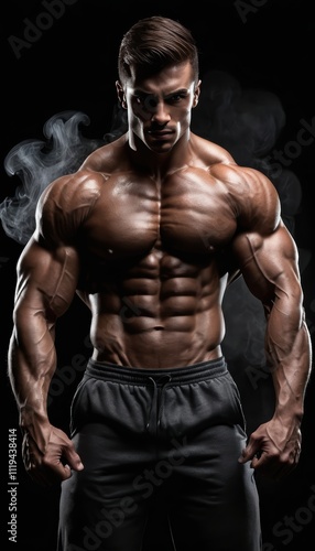 A Stunning Portrait of a Muscular Bodybuilder Posing Against a Dramatic Dark Background with Smoke, Showcasing His Intense Gaze and Well-Defined Physique: A Masterpiece of Fitness Photography
