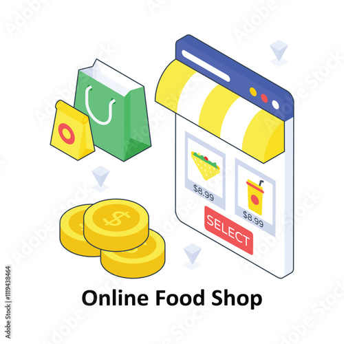 Online Food Shop isometric Colored illustration. EPS File stock illustration