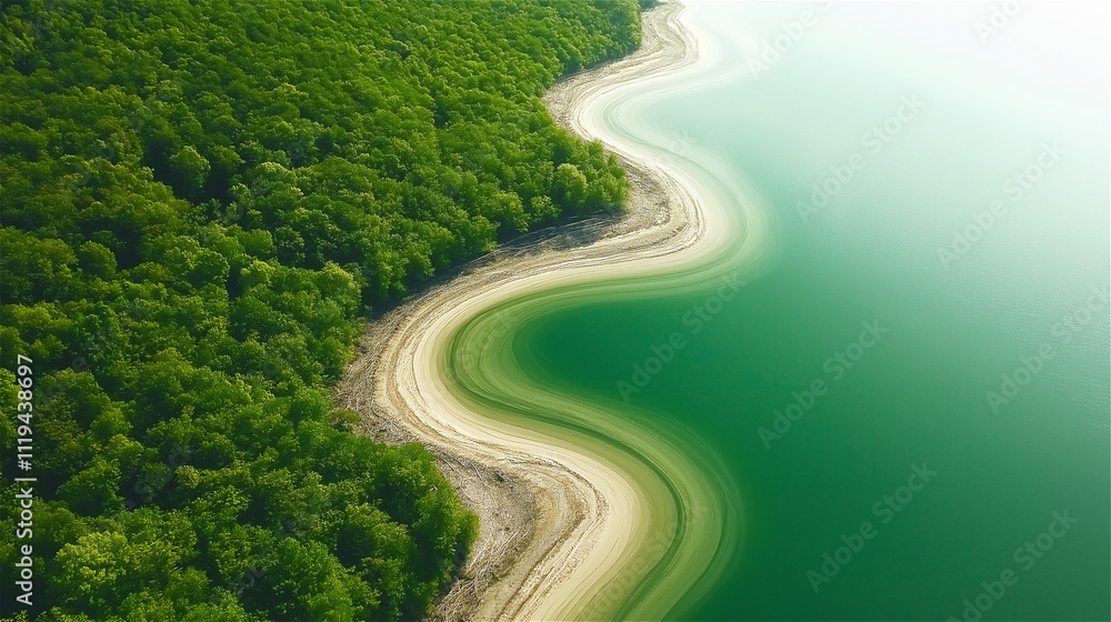 Aerial view of a pristine green coastline with white sandy curves, surrounded by lush forest and clear blue water, perfect for travel inspiration. Aerial view of a pristine green coastline with white sandy curves, surrounded by lush forest and clear blue water, perfect for travel inspiration.
