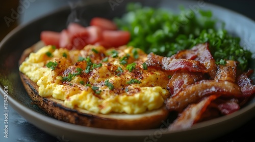 A plate of food with bacon, eggs, and vegetables